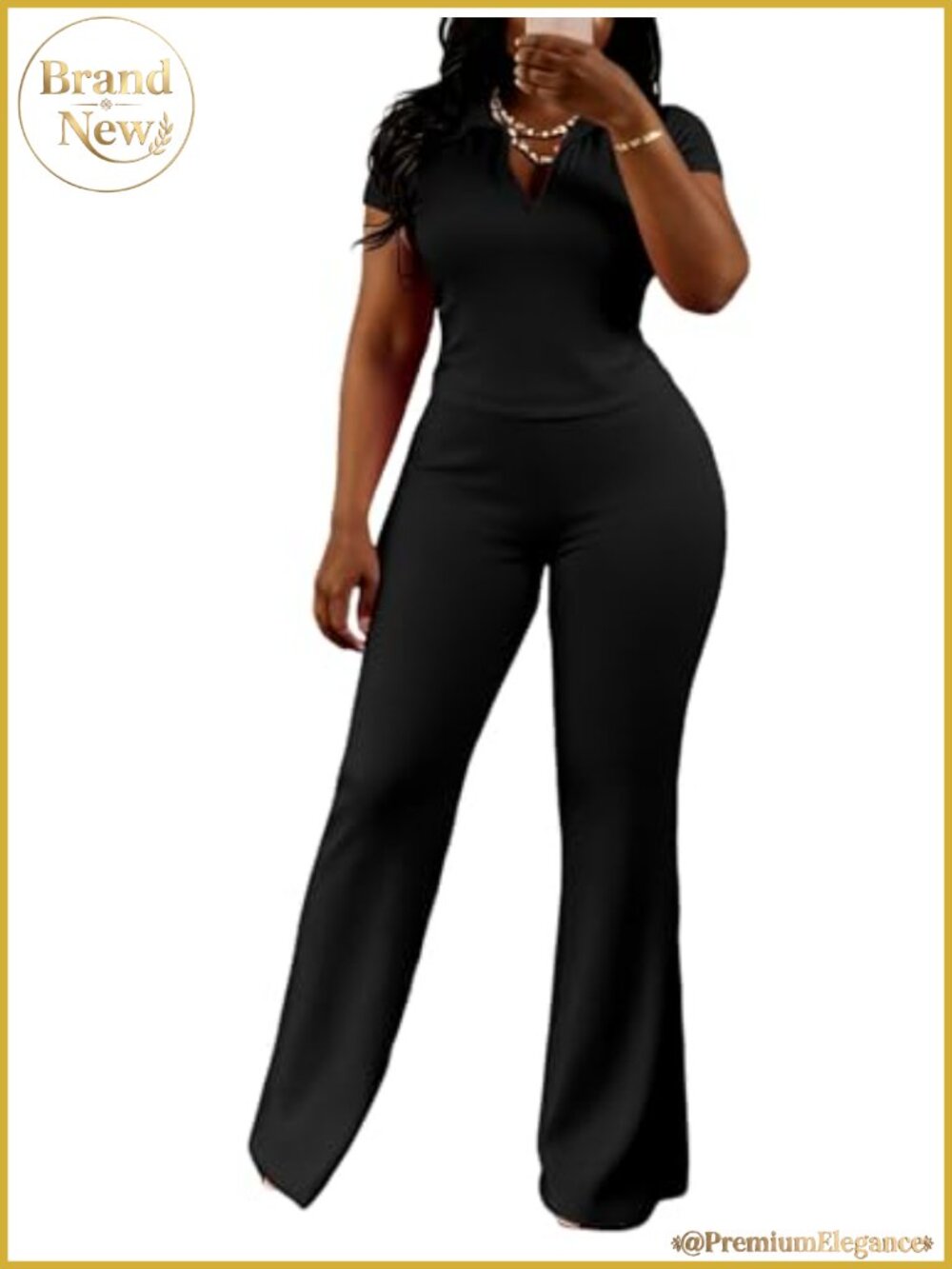 Slim Fit V Neck Polo Top Flare Pants 2 Piece Lounge Set